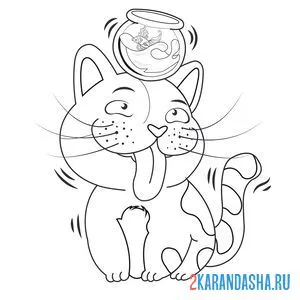 Раскраска кот с аквариумом