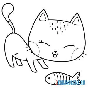 Раскраска котенок поймал рыбу