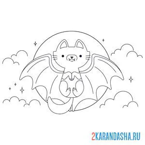 Раскраска котенок-летучая мышь хэллоуин