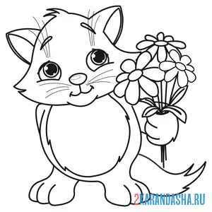Раскраска котенок с букетом цветов