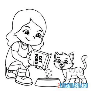 Раскраска девочка кормит котенка