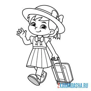 Раскраска девочка в платье и шляпе