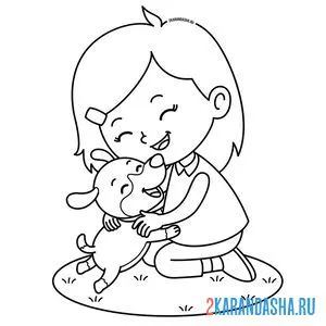 Раскраска девочка и милый щенок