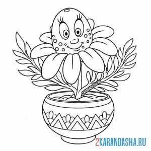 Раскраска ромашка с глазками в горшке