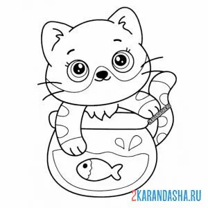 Раскраска котенок и аквариум