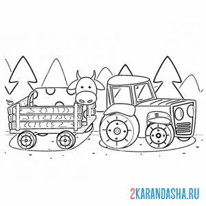 Раскраска синий трактор с прицепом в лесу