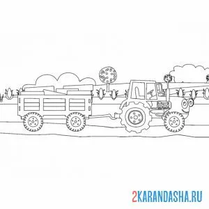 Раскраска синий трактор работает в поле