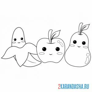 Раскраска банан, яблоко и груша с глазками