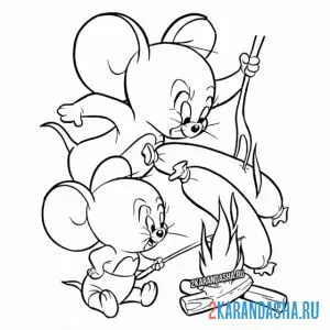 Раскраска джерри и таффи жарят сосиски