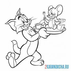 Раскраска том и джерри на подносе