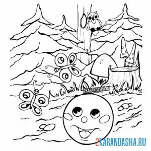 Раскраска колобок смотрит лес