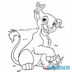 Раскраска симба играет с бабочкой
