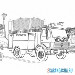 Раскраска пожарная машина в мегаполисе