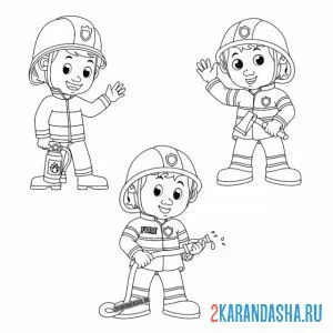 Раскраска три пожарных