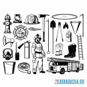 Раскраска пожарные и его обмундирование