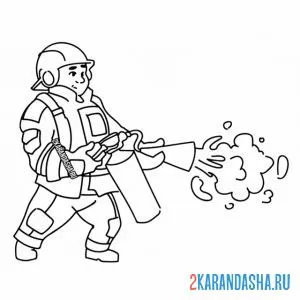 Раскраска пожарный с огнетушителем