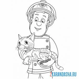 Раскраска пожарный спас котика