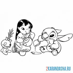 Раскраска стич и лило пьют чай