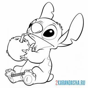 Раскраска стич пьет кокосовое молоко