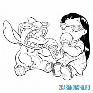 Раскраска стич и лило едят мороженое