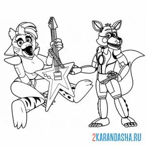 Раскраска аниматроники чика и фокси с гитарой