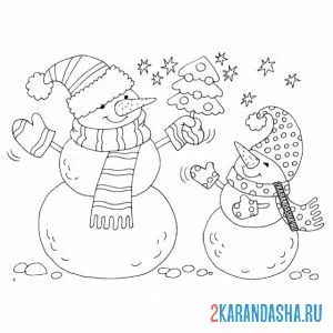 Раскраска два снеговика