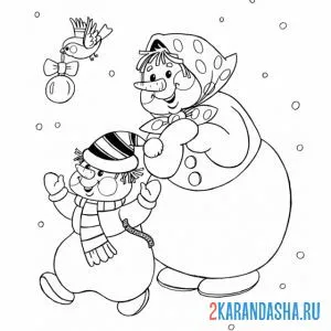 Раскраска мама и сын снеговики