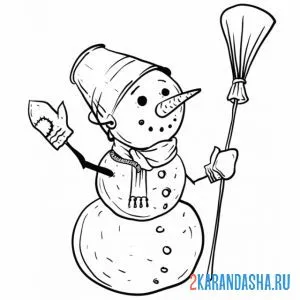 Раскраска снеговик с метлой и ведром