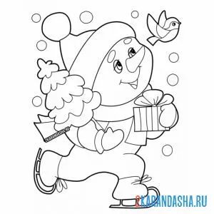 Раскраска снеговик на коньках