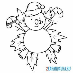 Раскраска новогодний снеговик в шапке
