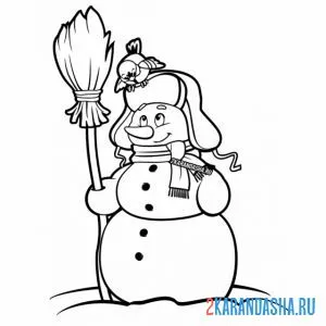 Раскраска снеговик зимний с птичкой
