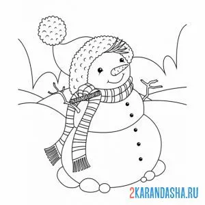 Раскраска снеговик в теплой шапке