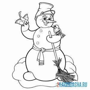 Раскраска снеговик смеется и птички