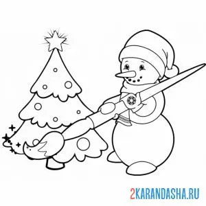 Раскраска снеговик рисует елку