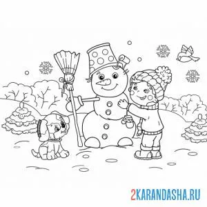 Раскраска малыш слепил снеговика