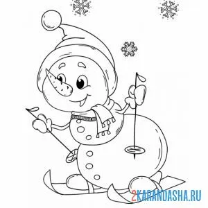 Раскраска снеговик катается на лыжах