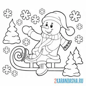 Раскраска снеговик в лесу на санках