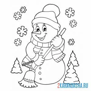 Раскраска снеговик подметает