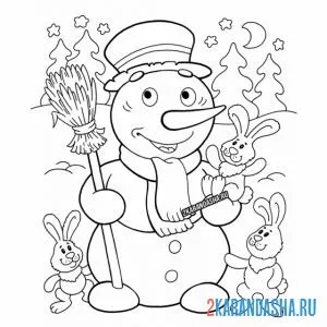 Раскраска снеговик и лесные зайчики