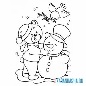Раскраска милый снеговик и медведь