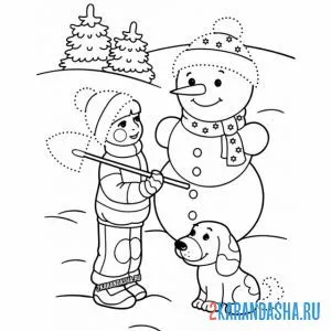 Раскраска обведи детали снеговика
