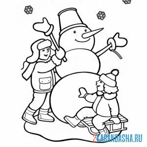 Раскраска дети и веселы снеговик