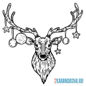 Раскраска новогодний олень с шарами на рогах