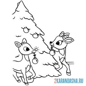 Раскраска новогодние олени и елочка