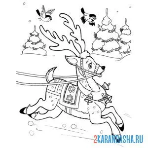 Раскраска новогодний олень в лесу