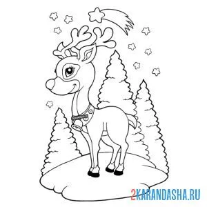 Раскраска новогодний олень зимой