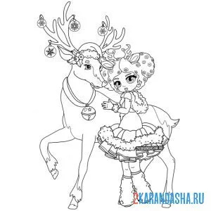 Раскраска принцесса и новогодний олень