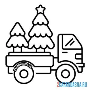 Раскраска грузовик везет новогоднюю елку