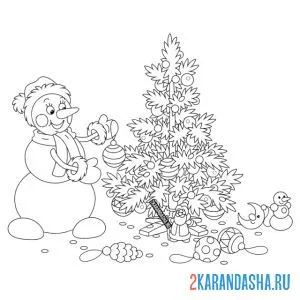 Раскраска снеговик наряжает новогоднюю елку