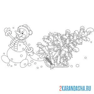 Раскраска снеговик тащит новогоднюю ёлку